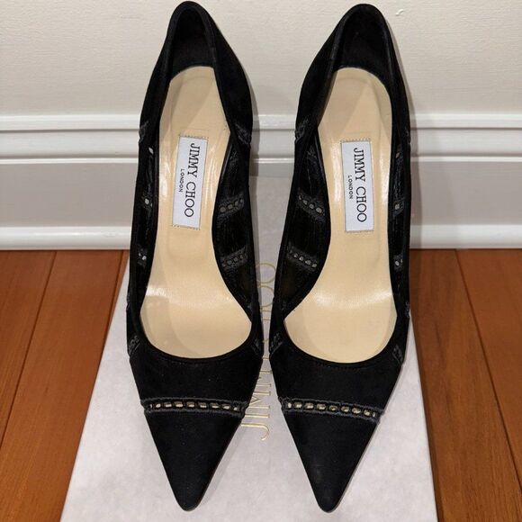 Jimmy Choo Black Embroidered Perforated Suede Agnes Heels - Picture 2 of 10